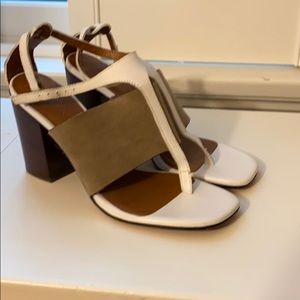 Celine stacked heel sandals in taupe and white
